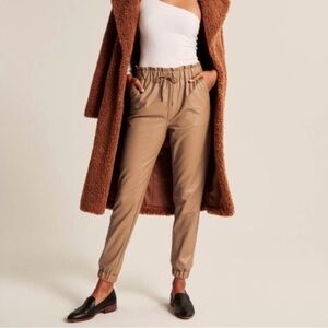 Abercrombie & Fitch Faux Leather Pants XS Joggers Tie Waist Neutral Tan Tapered